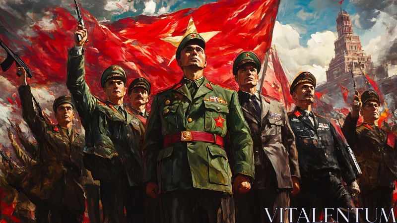 Military leaders before massive red flag in battle square.