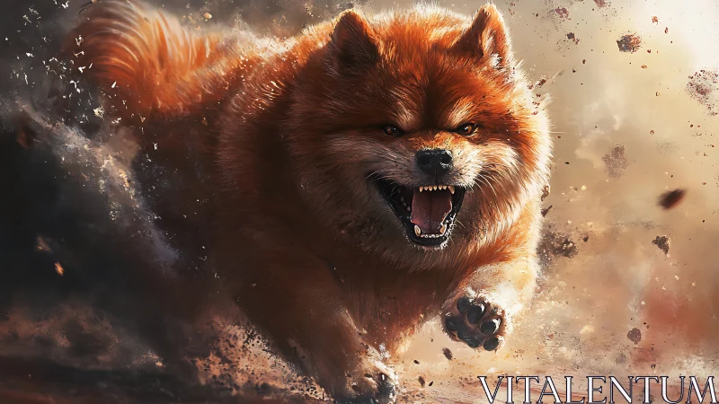 Storm-furred battle dog lunges through shrapnel haze.