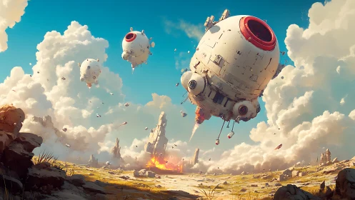 Spherical dropships descend over sunlit alien desert plain.