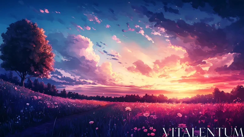 Digital landscape shows sunset over field with distant trees