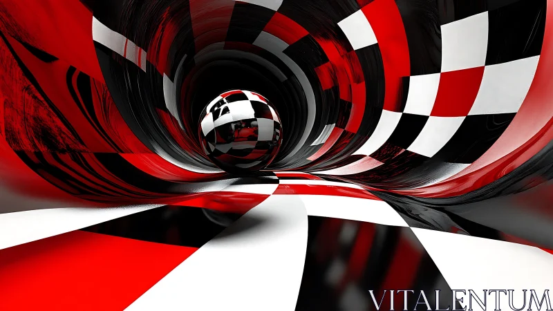 Bold checkered tunnel swirling around a playful chrome sphere.