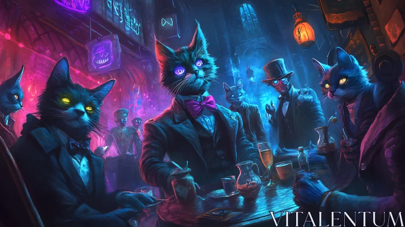 Neon-Soaked Feline Gathering in Cyberpunk Bar.