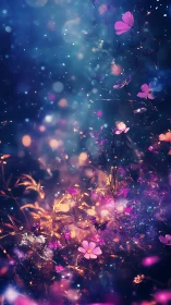 Enchanted wildflower garden glows in dreamy cosmic night.