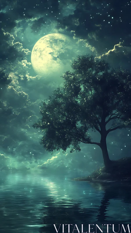 Luminous full moon bathes a tranquil lakeside tree in magic