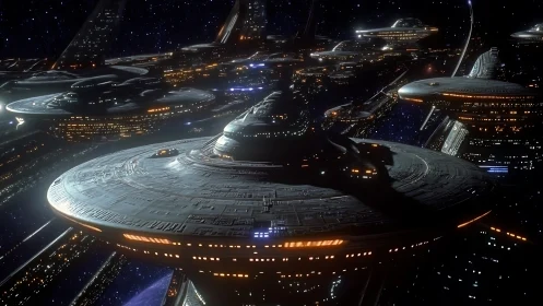 Multiple disc-shaped spacecraft traverse dense orbital traffic