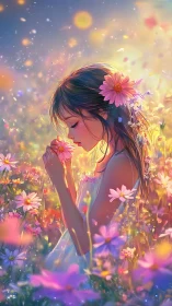 Backlit anime girl in floral meadow rendered in luminous hues