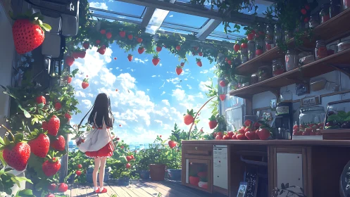 Girl in strawberry-filled glass room under open sky view.