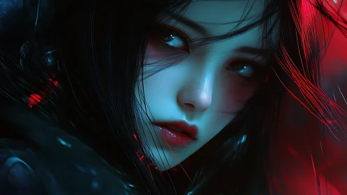 Neon-lit cyber siren in icy blue and crimson haze.