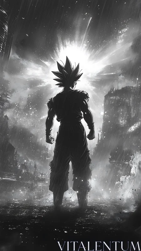 Spiky haired warrior stands against explosive storm sky.
