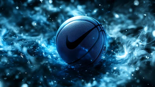 Glowing blue basketball in electric smoke vortex motion.