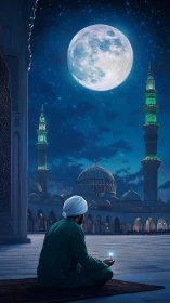 Moonlit mosque courtyard with solitary night prayer.