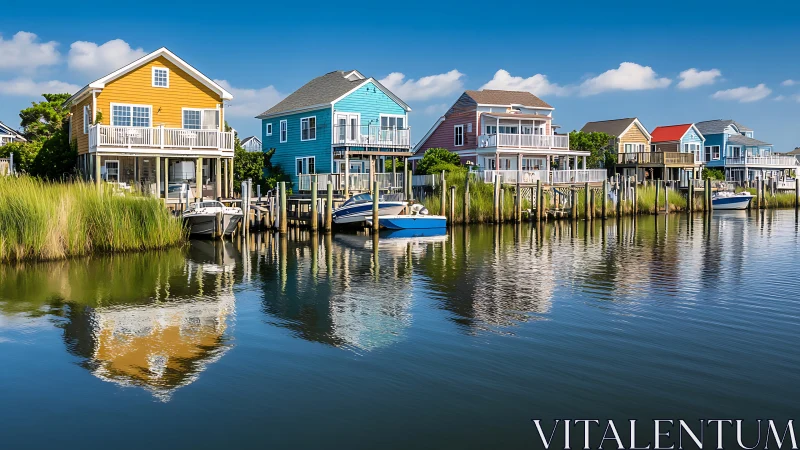 Color coastal houses and small boats reflect on calm canal water