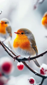 Small passerine bird is perched on snowy branch in winter
