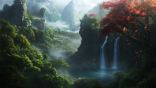 Lush misty valley with twin waterfalls and red foliage.