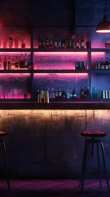 Neon backlit bar interior with bottles, stools and shelving.