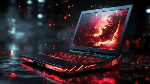 Gaming laptop glows with red LED lighting on dark surface