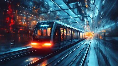 Modern electric train in illuminated urban tunnel at speed.