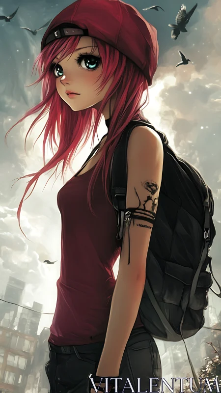 Red haired anime girl with backpack in urban skyline scene.