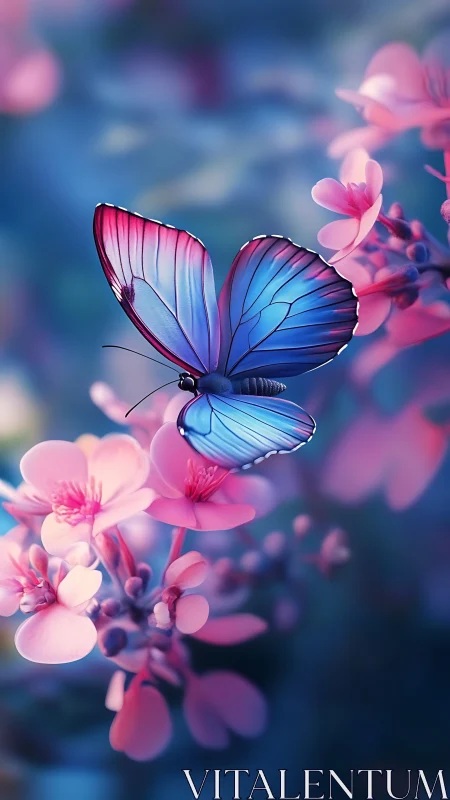 Blue butterfly over pink blossoms in soft bokeh garden.