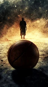 Backlit street basketball scene with solitary player silhouette.