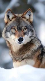 Wild gray wolf portrait in snowy winter habitat focus.
