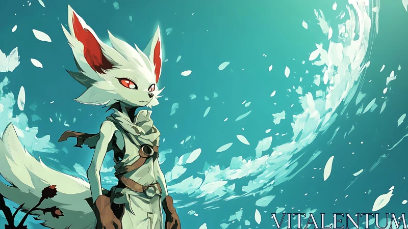 Anthropomorphic fox figure amid swirling petals in teal field.