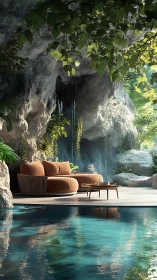 Luxury poolside cave lounge with sunlight and greenery