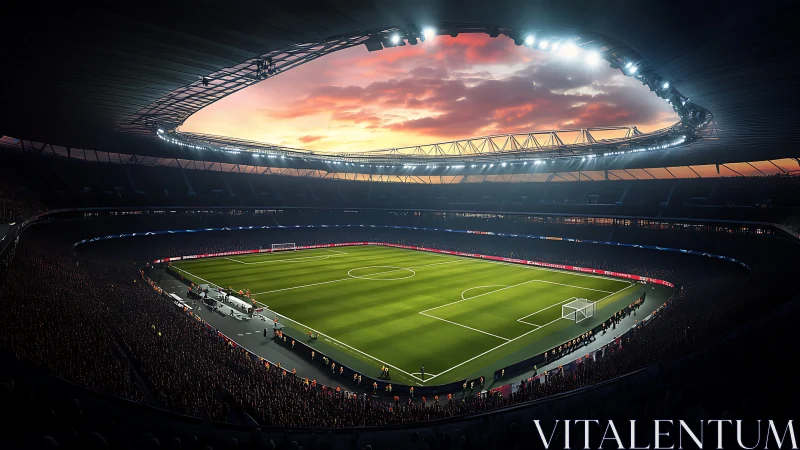 Stadium twilight holds its breath above glowing green pitch