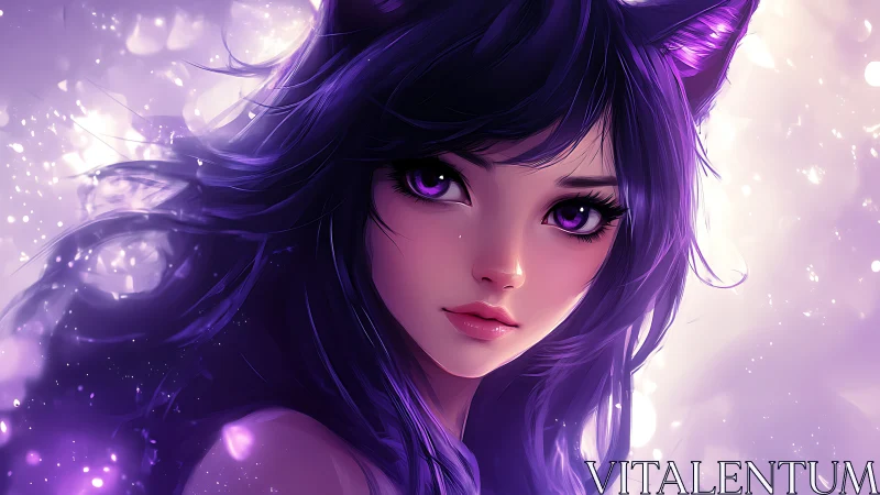 Purple-haired catgirl gazes softly through glowing stardust veil