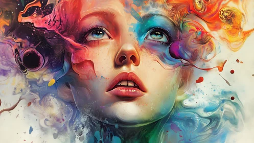 Surreal female portrait dissolves into chromatic fluid abstraction