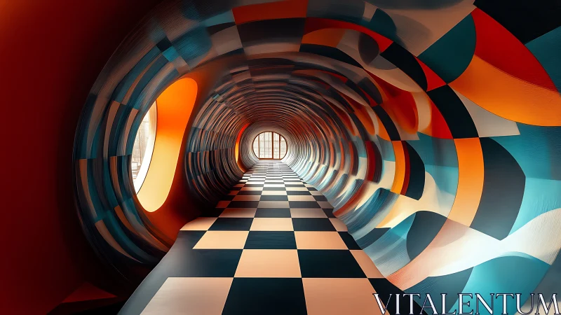 Surreal checkered tunnel curves toward bright circular window