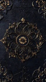 Ornate gilded mandala relief on textured midnight ground.