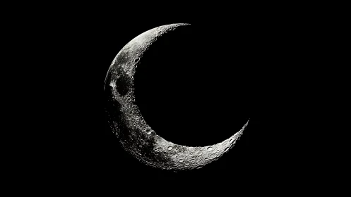 Luminous cratered crescent moon carved from midnight velvet.