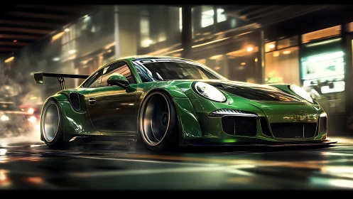 Green widebody supercar races through neon city streets at night.