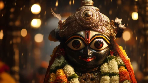 Ornate black deity idol with garlanded florals and bokeh lights