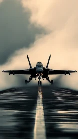 Stormlit fighter jet claims the runway like a steel predator