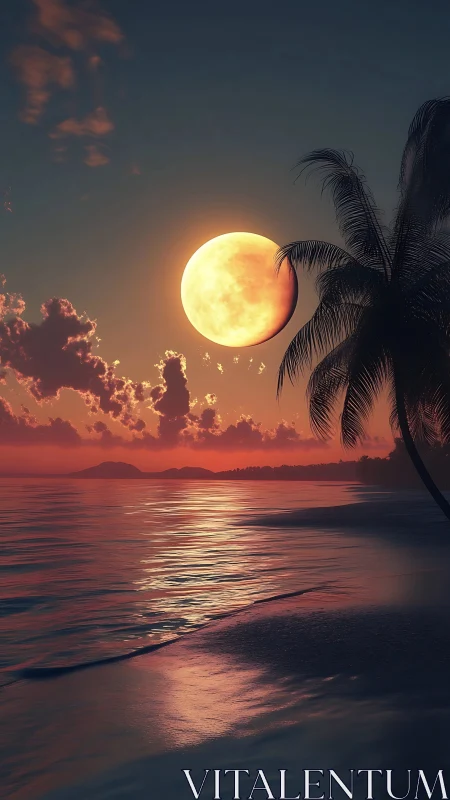 Full moon over tropical beach at vivid sunset glow.