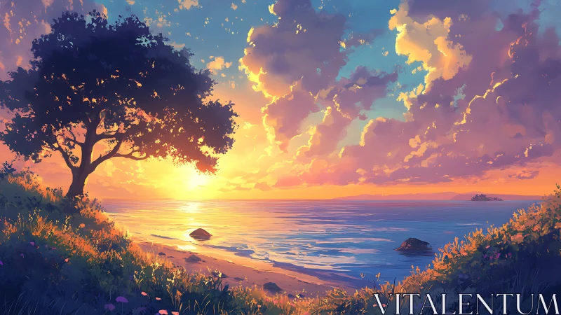 Sunset illuminates coastal tree, shoreline, and distant horizon