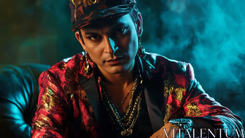 Moody studio portrait of man in metallic brocade jacket and cap.