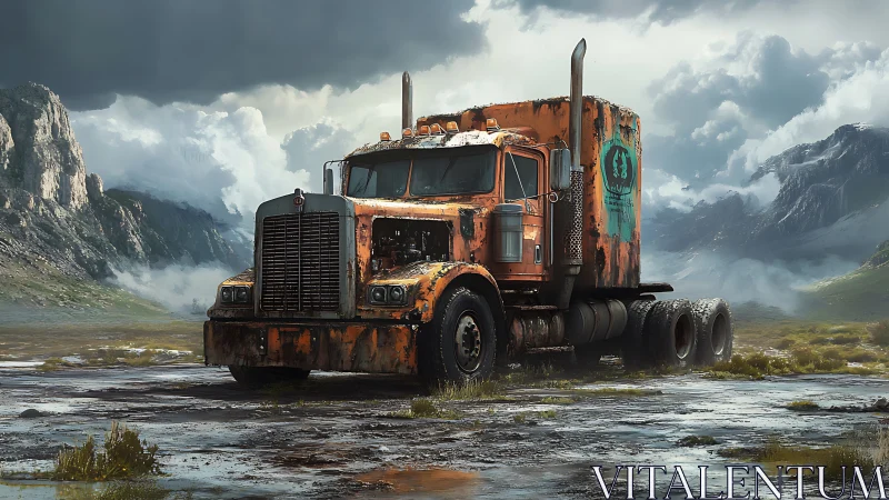 Rusting orange semi truck in remote mountain wetland.