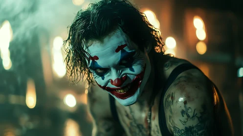 Sinister clown figure under cinematic firelit bokeh glow.