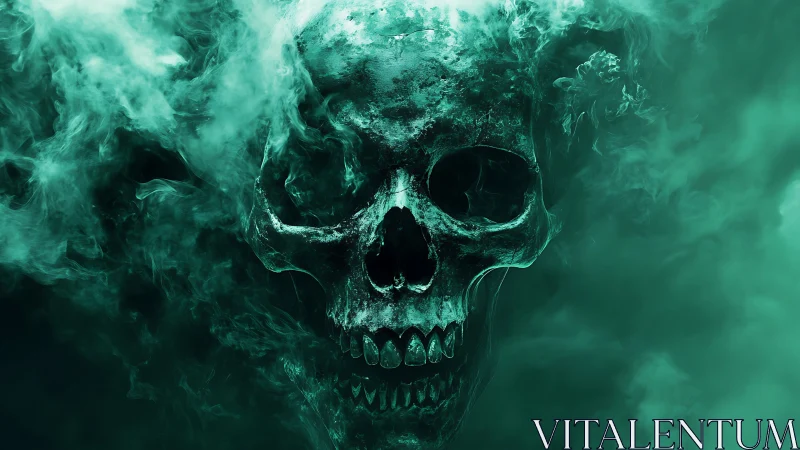 Human skull emerging from dense green smoke formation.