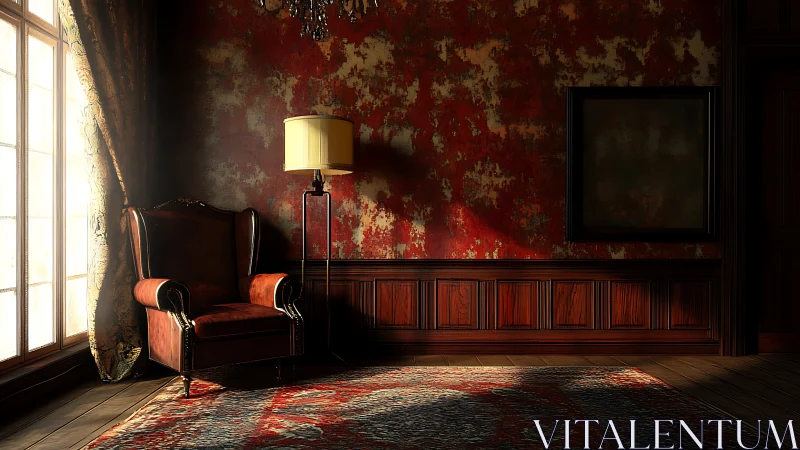 Velvet armchair in moody sunlit study with textured walls.