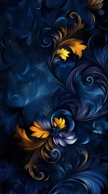 Fractal floral filigree with luminous blue and gold curls on navy