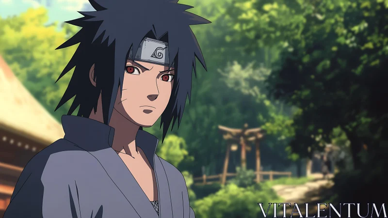 Brooding ninja in quiet forest shrine sunlight moment.