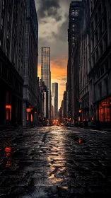 Rain-slicked city canyon at dusk with glowing windows.