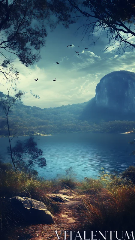 Peaceful lakeside trail beneath a misty mountain sky.