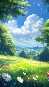 Sunlit wildflower meadow under cumulus cloud summer sky