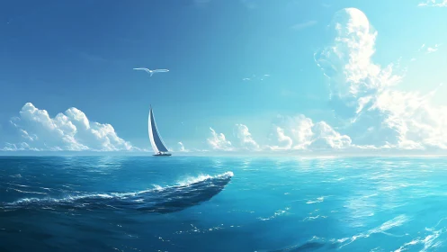 Digital seascape with yacht, soaring bird and sculpted clouds.