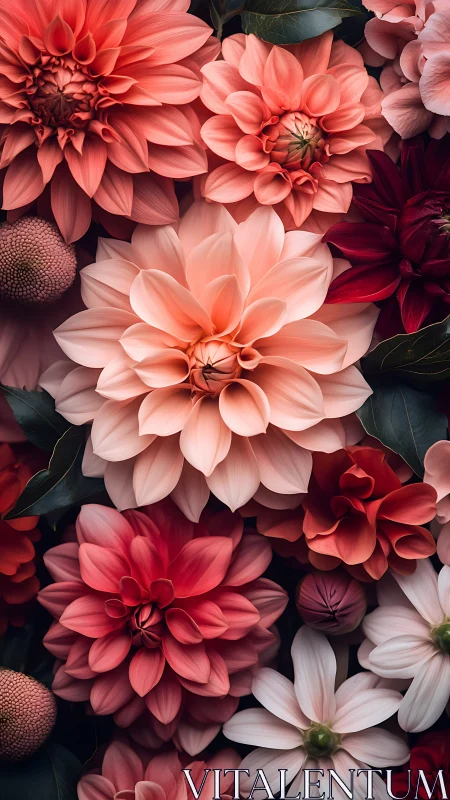 Clustered dahlia and composite flowers in coral, pink, and deep red tones.